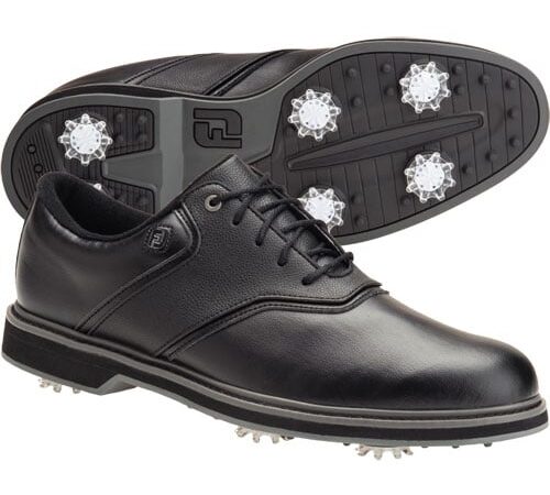 Black leather golf shoes with spikes.