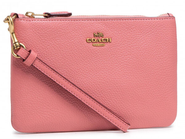 Pink leather wristlet with gold details.