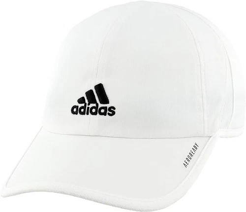 White Adidas cap with black logo.