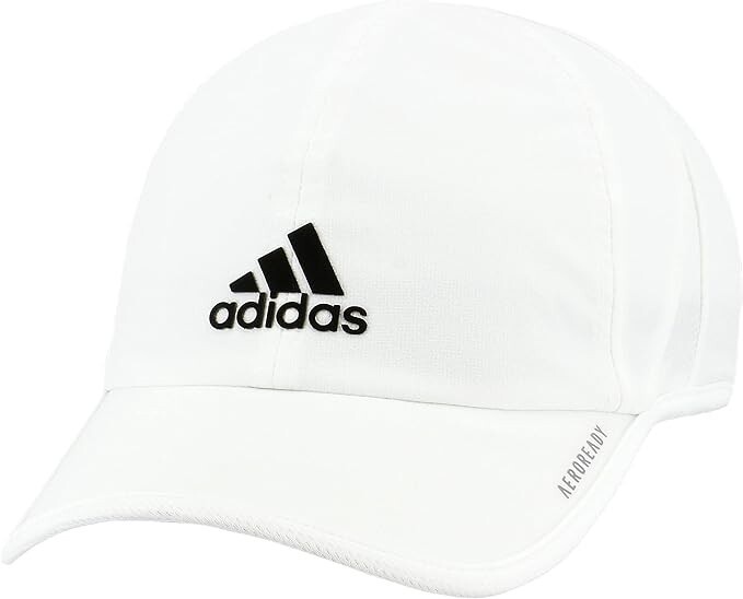 White Adidas cap with black logo.