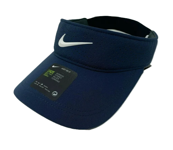 Blue sports visor with white logo.