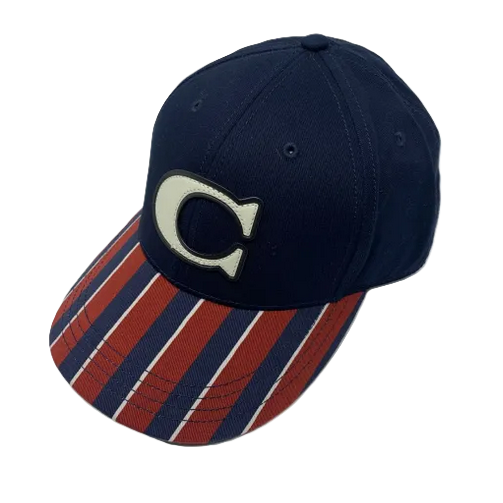 Navy cap with striped visor and "C".