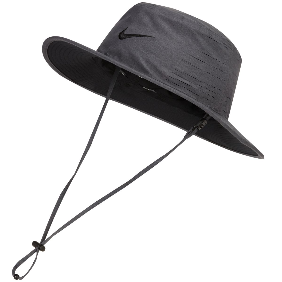 Gray wide-brim hat with chin strap.