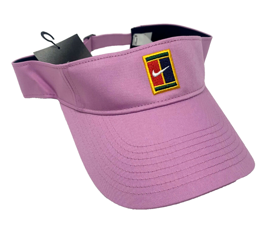 Pink visor with embroidered logo and tags.