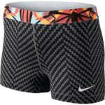Black patterned shorts with colorful waistband.