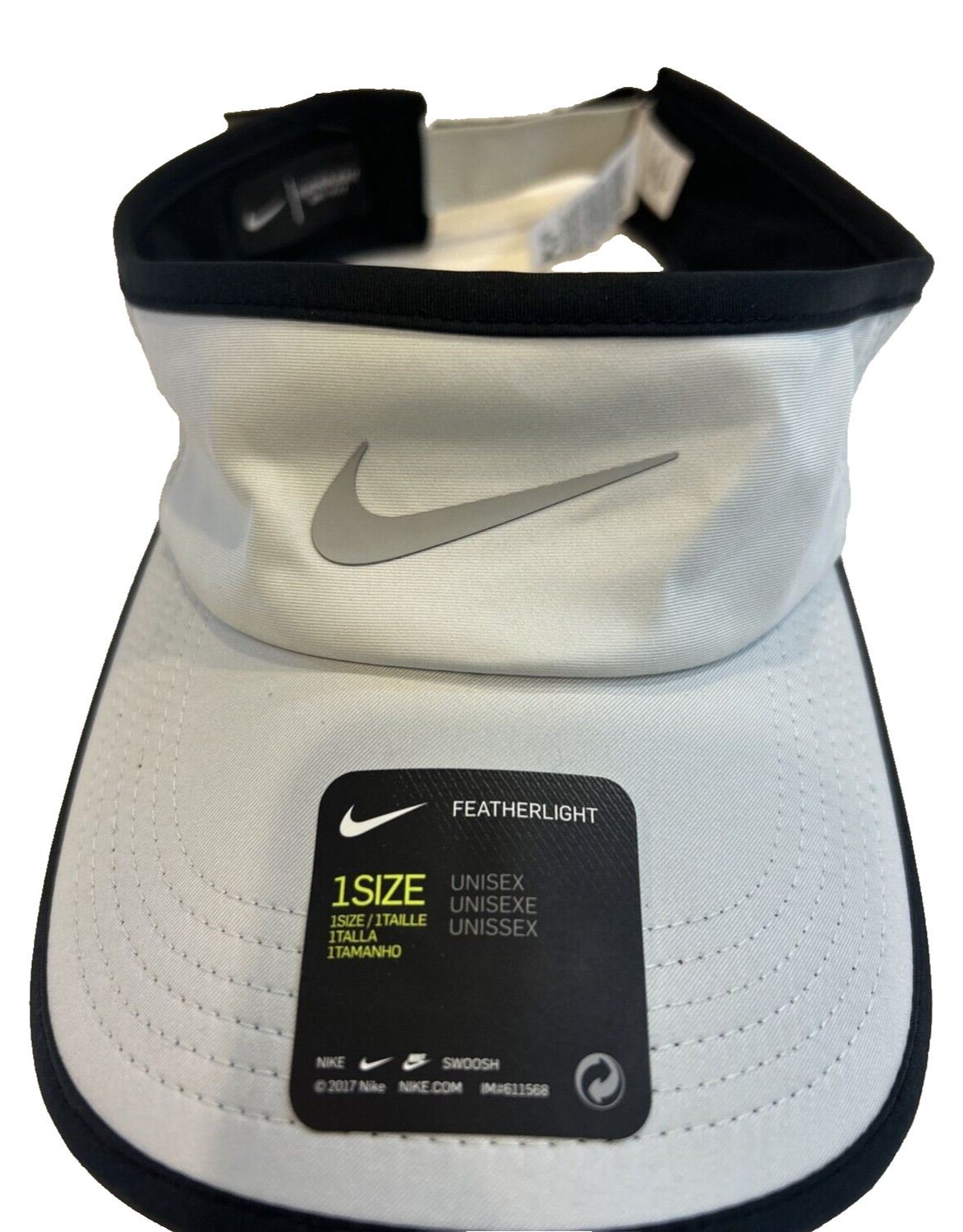 Nike visor with adjustable strap and label.
