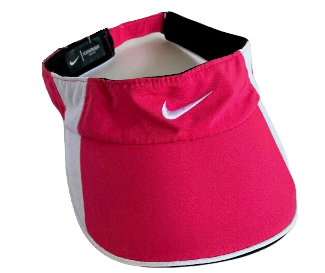 Pink and white sports visor with logo.