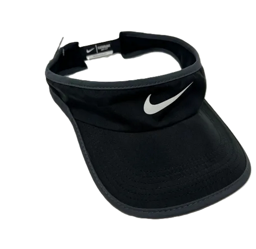 Black sports visor with white swoosh logo.
