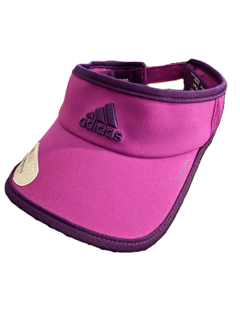Pink Adidas visor with purple trim.
