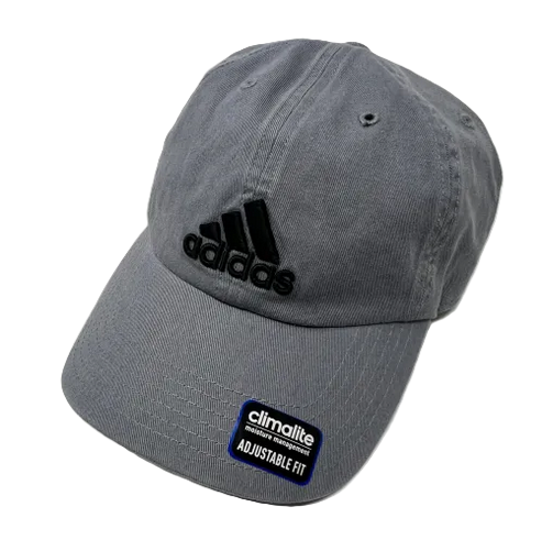 Gray Adidas cap with adjustable fit label.