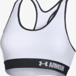 White sports bra with black trim details.