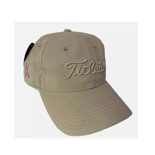 Beige cap with embroidered logo and ribbon.