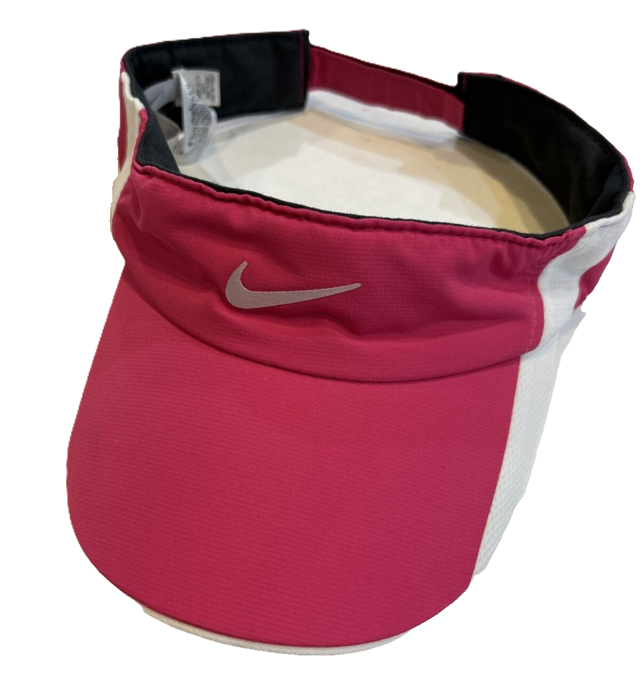 Pink and white sports visor with logo.
