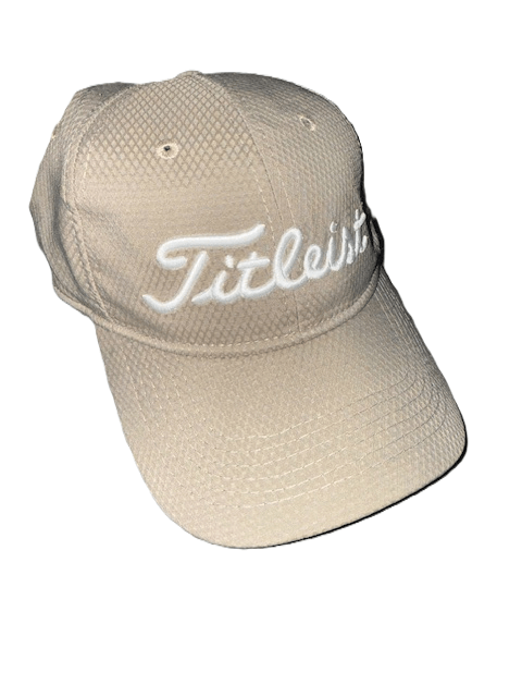 Beige baseball cap with embroidered logo.