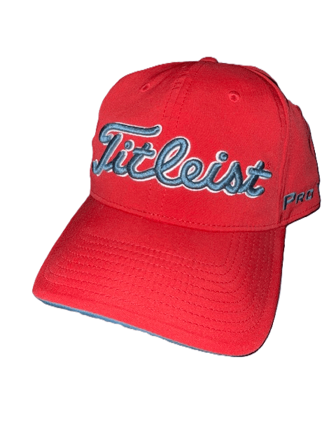 Red Titleist cap with embroidered logo.