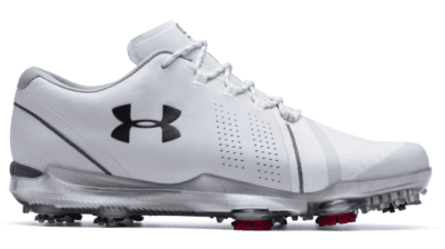 White athletic shoe with black logo design.