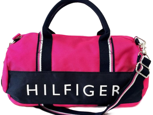 Pink and navy duffle bag with logo.