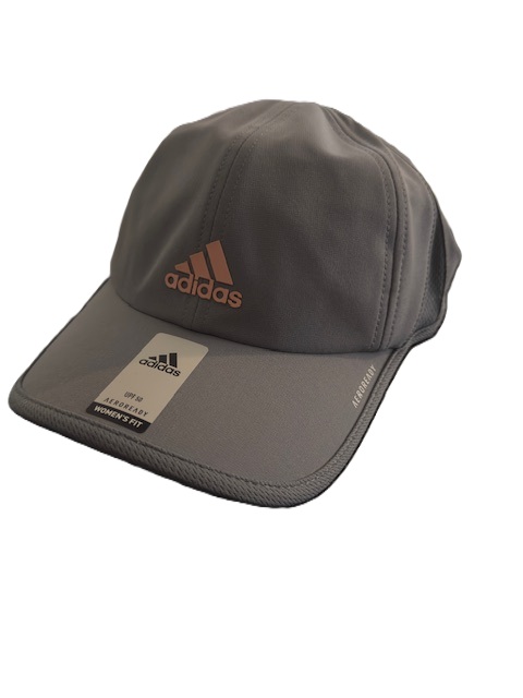 Gray Adidas cap with pink logo.