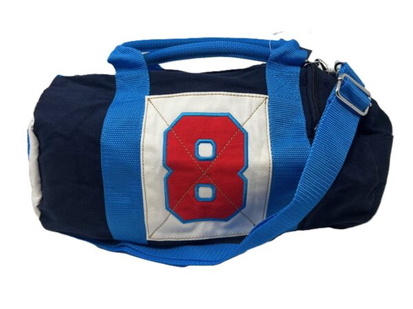 Blue duffel bag with red number 8.