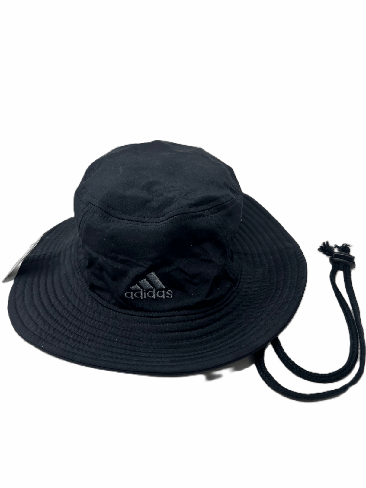 Black wide-brim hat with adjustable chin strap.