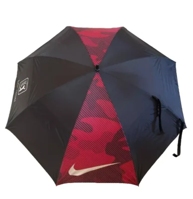 Black and red umbrella with logo design.