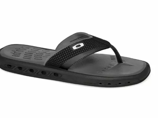 Black flip-flop sandal with perforated strap.