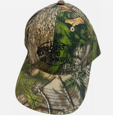 Camouflage cap with Bass Pro Shops logo.
