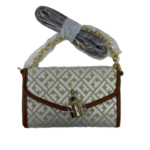 Patterned handbag with lock and chain strap.