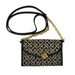 Patterned handbag with gold chain and lock.