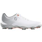 White and gray spiked golf shoe.
