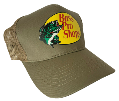 Bass Pro Shops khaki mesh trucker hat.