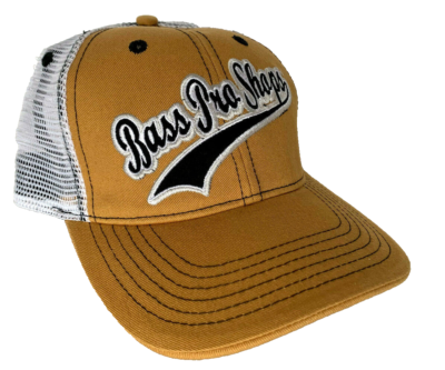 Tan and white Bass Pro Shops cap.