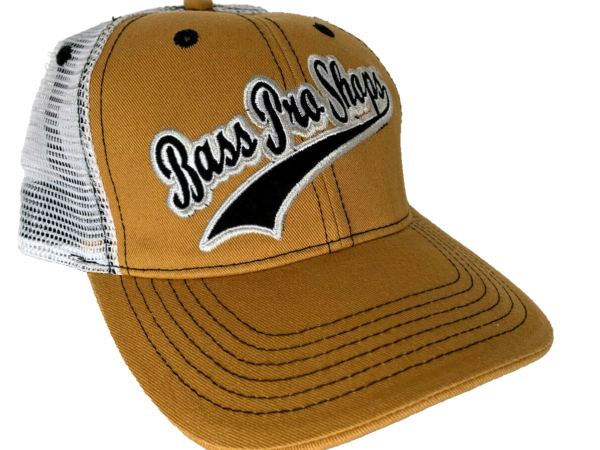 Tan and white Bass Pro Shops cap.