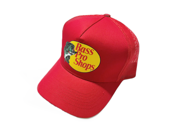 Red Bass Pro Shops trucker hat.