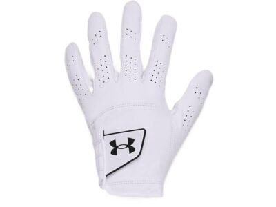 White golf glove with black logo.