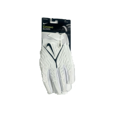 White football gloves on packaging display.