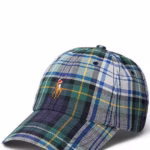 Plaid baseball cap with embroidered logo.
