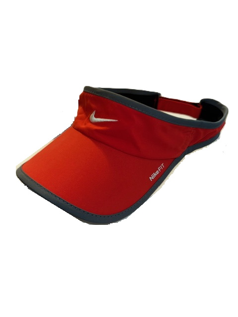 Red sports visor with logo and trim.