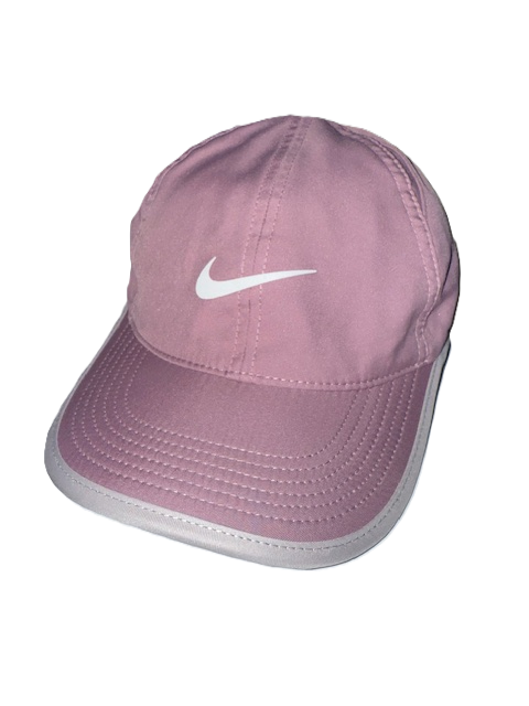 Pink baseball cap with white logo.
