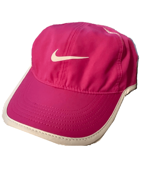 Pink sports cap with white logo.