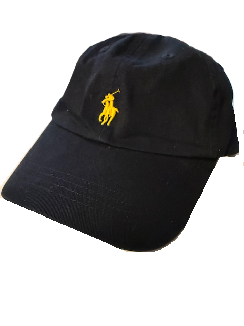 Black cap with yellow embroidered logo.