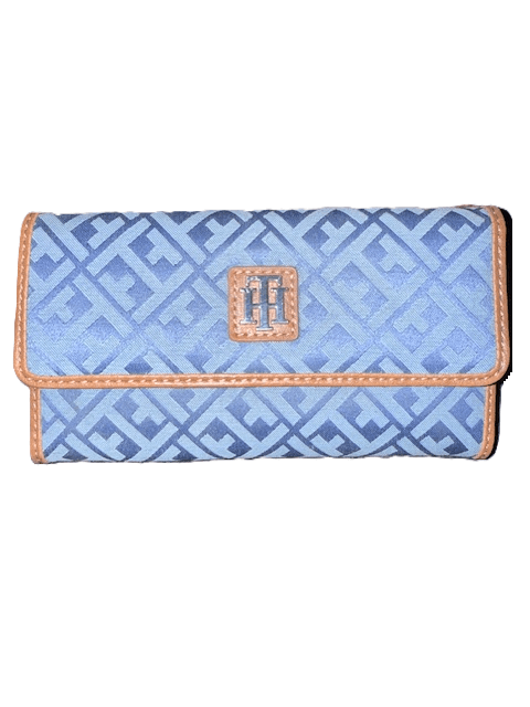 Blue patterned wallet with brown trim.