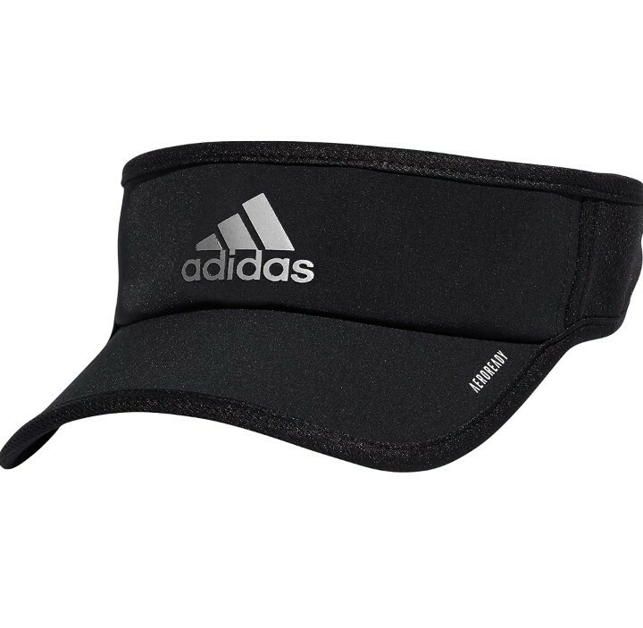 Black Adidas visor with silver logo.