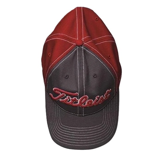 Red and gray Titleist baseball cap.