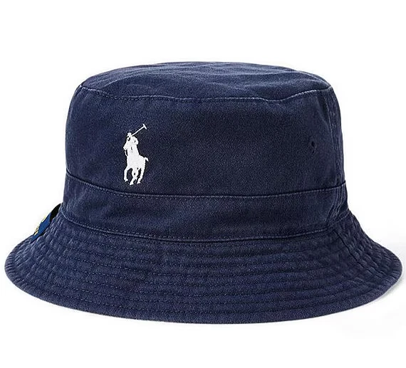 Navy bucket hat with white logo embroidery.
