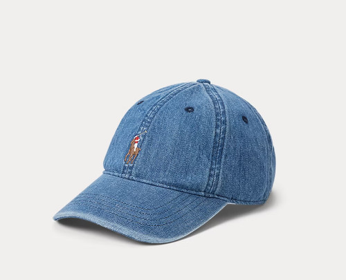 Blue denim baseball cap with small embroidery.