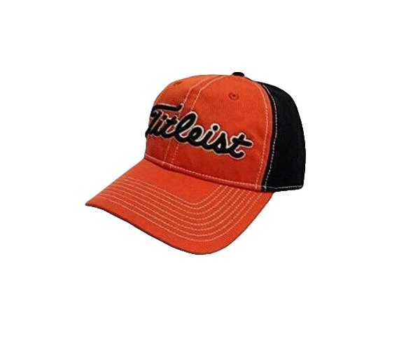 Orange and black Titleist baseball cap.
