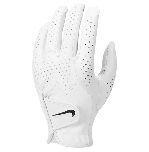 White perforated sports glove with logo.
