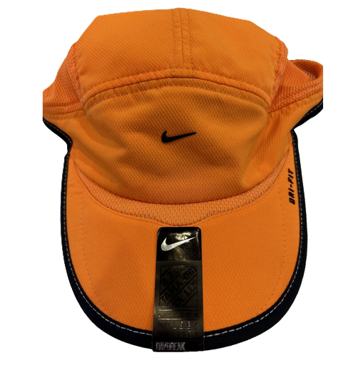 Orange cap with black Nike logo.