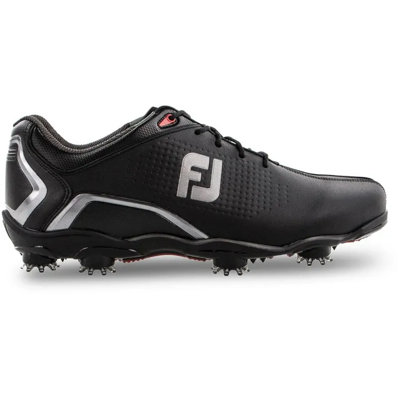 Black spiked golf shoe with logo design.